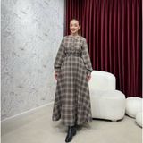 Aryen Önü Düğmeli Ekose Desen Elbise - 02S-Bej - 38