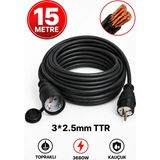 ARYES 15 Metre Uzatma Kablosu 3x2,5 Mm² Ttr Bakır Kablo 16A 3680W Topraklı Kauçuk Priz - Siyah