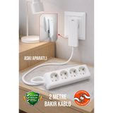 Aryes 4'lü Grup Priz 2 Metre İnce Fişli Topraklı Uzatma Kablosu 3x1.5 TTR Tam Bakır Beyaz