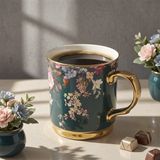 Aryıldız Lady Kupa Bardak Yeşil Porselen Çiçek Desenli 400 ml Tekil Parça Şık Tasarım