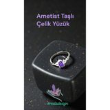 arzela Doğal Taş AMETİST Çelik Yüzük Ayarlanabilir Ebat