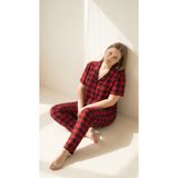 Arzey Kırmızı Ekose Desenli Bamboo Kısa Kol Büyük Beden Önden Düğmeli Pijama Takım