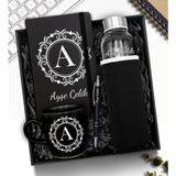 As Gift Kişiye Özel Siyah Kılıflı Cam Şişe Matara & Defter & Kupa & Plastik Kalem Hediye Seti