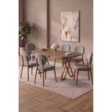 Asaella Mobilya Hooli 90X168 Antik Çam Mdf Masa, Metal x Ayak, Metal Sandalye, 6 Kişilik Mutfak Masası Takımı ve Yemek Masası Takımı - Açık Gri