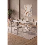 Asaella Mobilya Hooli 90X168 Beyaz Mdf Masa, Metal x Ayak, Metal Sandalye, 6 Kişilik Mutfak Masası Takımı ve Yemek Masası Takımı - Krem