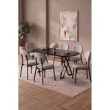 Asaella Mobilya Hooli 90X168 Siyah Mdf Masa, Metal x Ayak, Metal Sandalye, 6 Kişilik Mutfak Masası Takımı ve Yemek Masası Takımı - Açık Gri