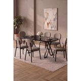 Asaella Mobilya Hooli 90X168 Siyah Mdf Masa, Metal x Ayak, Metal Sandalye, 6 Kişilik Mutfak Masası Takımı ve Yemek Masası Takımı - Cappuccino