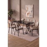 Asaella Mobilya Hooli 90X168 Siyah Mdf Masa, Metal x Ayak, Metal Sandalye, 6 Kişilik Mutfak Masası Takımı ve Yemek Masası Takımı - Krem