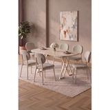 Asaella Mobilya Hooli 90X168 Traverten Mdf Masa, Metal x Ayak, Metal Sandalye, 6 Kişilik Mutfak Masası Takımı ve Yemek Masası Takımı - Krem