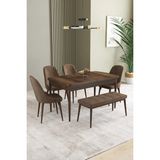 Asaella Mobilya Ikon Barok Desen 80X132 Mdf Açılabilir Mutfak Masası Takımı 4 Sandalye, 1 Bench - Kahverengi - 80 x 132
