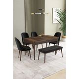 Asaella Mobilya Ikon Barok Desen 80X132 Mdf Açılabilir Mutfak Masası Takımı 4 Sandalye, 1 Bench - Siyah - 80 x 132