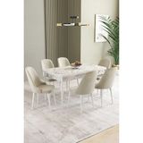 Asaella Mobilya Ikon Beyaz Mermer 80X132 Açılabilir Mdf Masa Yemek Odası Takımı, Mutfak Takımı 6 Adet Sandalye - Krem - 80 x 132