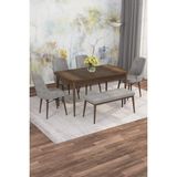 Asaella Mobilya Jusie Barok Desen 80X132 Açılabilir Sunta Masa Yemek Odası Takımı, Mutfak Takımı 4 Sandalye, 1 Bench - Gri - 80 x 132