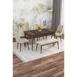 Asaella Mobilya Jusie Barok Desen 80X132 Açılabilir Sunta Masa Yemek Odası Takımı, Mutfak Takımı 4 Sandalye, 1 Bench - Krem - 80 x 132