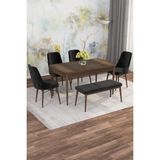 Asaella Mobilya Jusie Barok Desen 80X132 Açılabilir Sunta Masa Yemek Odası Takımı, Mutfak Takımı 4 Sandalye, 1 Bench - Siyah - 80 x 132