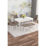 Asaella Mobilya Jusie Beyaz 80X132 Açılabilir Sunta Masa Yemek Odası Takımı, Mutfak Takımı 4 Adet Sandalye, 1 Bench - Cappuccino - 80 x 132