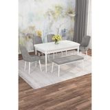 Asaella Mobilya Jusie Beyaz 80X132 Açılabilir Sunta Masa Yemek Odası Takımı, Mutfak Takımı 4 Adet Sandalye, 1 Bench - Gri - 80 x 132