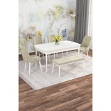 Asaella Mobilya Jusie Beyaz 80X132 Açılabilir Sunta Masa Yemek Odası Takımı, Mutfak Takımı 4 Adet Sandalye, 1 Bench - Krem - 80 x 132