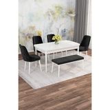 Asaella Mobilya Jusie Beyaz 80X132 Açılabilir Sunta Masa Yemek Odası Takımı, Mutfak Takımı 4 Adet Sandalye, 1 Bench - Siyah - 80 x 132