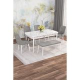 Asaella Mobilya Jusie Beyaz Mermer 80X132 Açılabilir Sunta Masa Yemek Odası Takımı,mutfak Takımı 4 Sandalye,1 Bench - Gri - 80 x 132