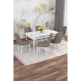 Asaella Mobilya Jusie Beyaz Mermer Desen 80X132 Açılabilir Sunta Masa Yemek Odası Takımı, Mutfak Takımı 6 Sandalye - Cappuccino - 80 x 132