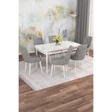 Asaella Mobilya Jusie Beyaz Mermer Desen 80X132 Açılabilir Sunta Masa Yemek Odası Takımı, Mutfak Takımı 6 Sandalye - Gri - 80 x 132
