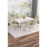 Asaella Mobilya Jusie Beyaz Mermer Desen 80X132 Açılabilir Sunta Masa Yemek Odası Takımı, Mutfak Takımı 6 Sandalye - Krem - 80 x 132