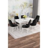 Asaella Mobilya Jusie Beyaz Mermer Desen 80X132 Açılabilir Sunta Masa Yemek Odası Takımı, Mutfak Takımı 6 Sandalye - Siyah - 80 x 132