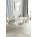 Asaella Mobilya Jusie Beyaz Mermer Desen 80X132 Açılabilir Yemek Odası Takımı 6 Adet Sandalye - Krem - 80 x 132