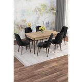 Asaella Mobilya Jusie Meşe Desen 80X132 Açılabilir Sunta Masa Yemek Odası Takımı, Mutfak Takımı 6 Adet Sandalye - Siyah - 80 x 132