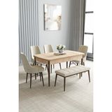 Asaella Mobilya Jusie Meşe Desen 80X132 Açılabilir Yemek Odası Takımı 4 Sandalye, 1 Bench - Krem - 80 x 132