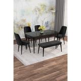 Asaella Mobilya Jusie Siyah Mermer 80X132 Açılabilir Sunta Masa Yemek Odası Takımı, Mutfak Takımı 4 Sandalye,1 Bench - 80 x 132