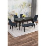 Asaella Mobilya Jusie Siyah Mermer 80X132 Açılabilir Sunta Masa Yemek Odası Takımı, Mutfak Takımı 4 Sandalye,1 Bench - Antrasit - 80 x 132