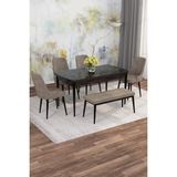 Asaella Mobilya Jusie Siyah Mermer 80X132 Açılabilir Sunta Masa Yemek Odası Takımı, Mutfak Takımı 4 Sandalye,1 Bench - Cappuccino - 80 x 132