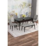Asaella Mobilya Jusie Siyah Mermer 80X132 Açılabilir Sunta Masa Yemek Odası Takımı, Mutfak Takımı 4 Sandalye,1 Bench - Gri - 80 x 132