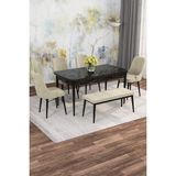 Asaella Mobilya Jusie Siyah Mermer 80X132 Açılabilir Sunta Masa Yemek Odası Takımı, Mutfak Takımı 4 Sandalye,1 Bench - Krem - 80 x 132