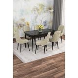 Asaella Mobilya Jusie Siyah Mermer Desen 80X132 Açılabilir Sunta Masa Yemek Odası Takımı, Mutfak Takımı 6 Sandalye - Krem - 80 x 132