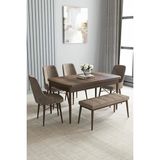 Asaella Mobilya Loft Barok Desen 80X132 Açılabilir Mdf Masa Yemek Odası Takımı, Mutfak Takımı 4 Sandalye, 1 Bench - Cappucino - 80 x 132