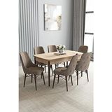 Asaella Mobilya Loft Barok Desen 80X132 Açılabilir Mdf Masa Yemek Odası Takımı, Mutfak Takımı 6 Sandalye - Kahverengi