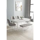 Asaella Mobilya Loft Beyaz 80X132 Açılabilir Mdf Masa Yemek Odası Takımı, Mutfak Takımı 4 Sandalye, 1 Bench - Gri