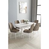 Asaella Mobilya Loft Beyaz 80X132 Açılabilir Mdf Masa Yemek Odası Takımı, Mutfak Takımı 6 Sandalye - Cappucino - 80 x 132