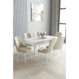 Asaella Mobilya Loft Beyaz 80X132 Açılabilir Mdf Masa Yemek Odası Takımı, Mutfak Takımı 6 Sandalye - Krem - 80 x 132