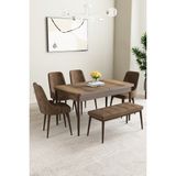 Asaella Mobilya Mabel Barok Desen 80X132 Açılabilir Yemek Odası Takımı 4 Sandalye, 1 Bench - Kahverengi