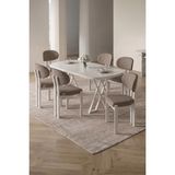 Asaella Mobilya Opss 90X168 Beyaz Mdf Masa, Metal x Ayak, Metal Sandalye, 6 Kişilik Mutfak Masası Takımı ve Yemek Masası Takımı - Cappuccino
