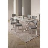 Asaella Mobilya Opss 90X168 Beyaz Mdf Masa, Metal x Ayak, Metal Sandalye, 6 Kişilik Mutfak Masası Takımı ve Yemek Masası Takımı - Gri