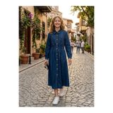 ASALEA Kız Çocuk Denim Jean Elbise Belden Büzgülü Önden Düğmeli Maxi Boy Şık Günlük Elbise