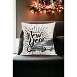 Asdiva 43X43 Yılbaşı Kırlent Kılıfı Beyaz Siyah Yeni Yıl Araba Noel Mutlu Yıllar Happy New Year Yazılı