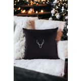 Asdiva 43X43 Yılbaşı Kırlent Kılıfı Siyah Zemin Beyaz Nakışlı Minimal Geyik Desenli Noel Yeni Yıl