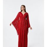 Asees Asimetrik Kollu Büzgü Detaylı Uzun Payet Abiye Elbise, Kadın, Polyester, Kruvaze Yaka, Balon Kol, Mezuniyet Balosu (Kırmızı, 44)
