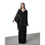 Asees Asimetrik Kollu Büzgü Detaylı Uzun Payet Abiye Elbise, Kadın, Polyester, Kruvaze Yaka, Balon Kol, Mezuniyet Balosu (Siyah, 40)
